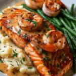 Cajun Shrimp and Salmon with Garlic Cream Sauce, Mashed Potatoes, and Green Beans